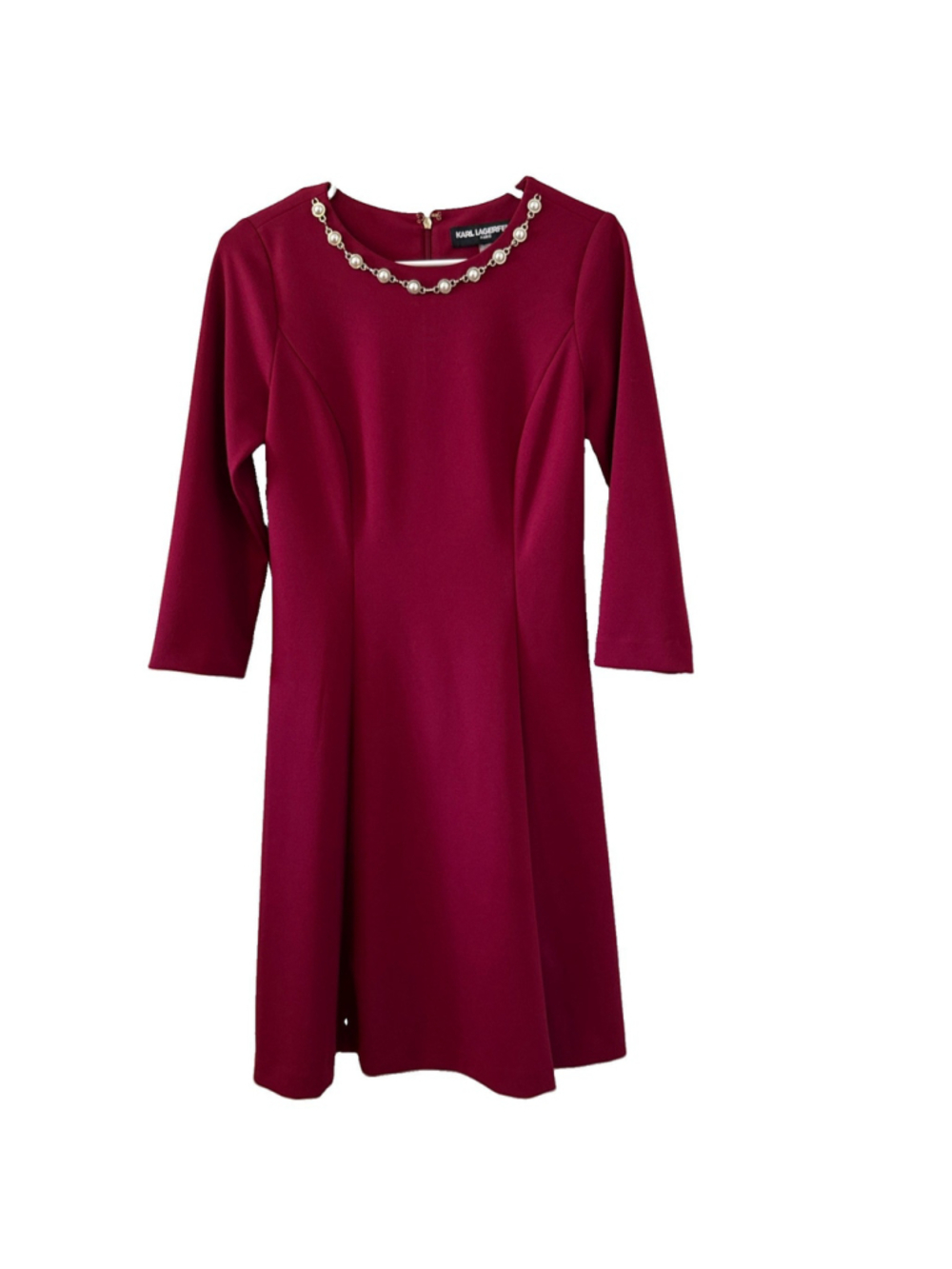 Karl Lagerfeld Paris Women’s Maroon 3/4 Sleeve Dress Size 4 Jewelry Detail EUC